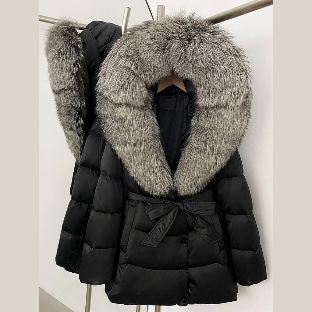Winter Fox Big Fur Collar High-end Thickened Down Jacket Women's Mid-length Waist Imitation Leather Jacket