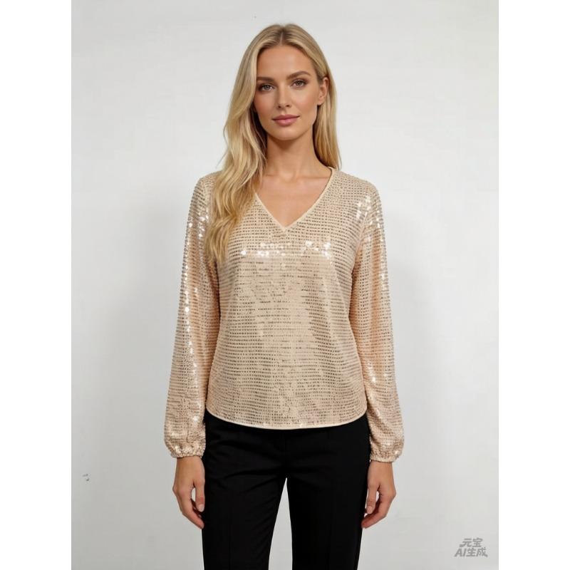 Women Elegant Loose V Neck Long Sleeve Solid Sequin T Shirt Top