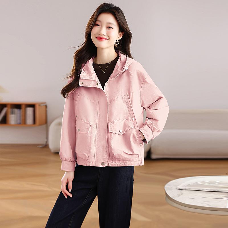 Casual Hooded Tooling Short Coat Women's Spring and Autumn New Korean Version Loose Large Size Small Solid Color Jacket