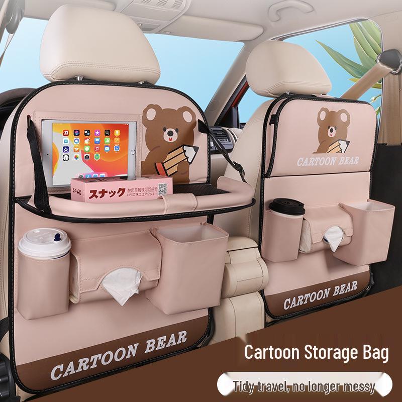 Cartoon Car Seat Back Organizer & Kick Mat with Leather Finish