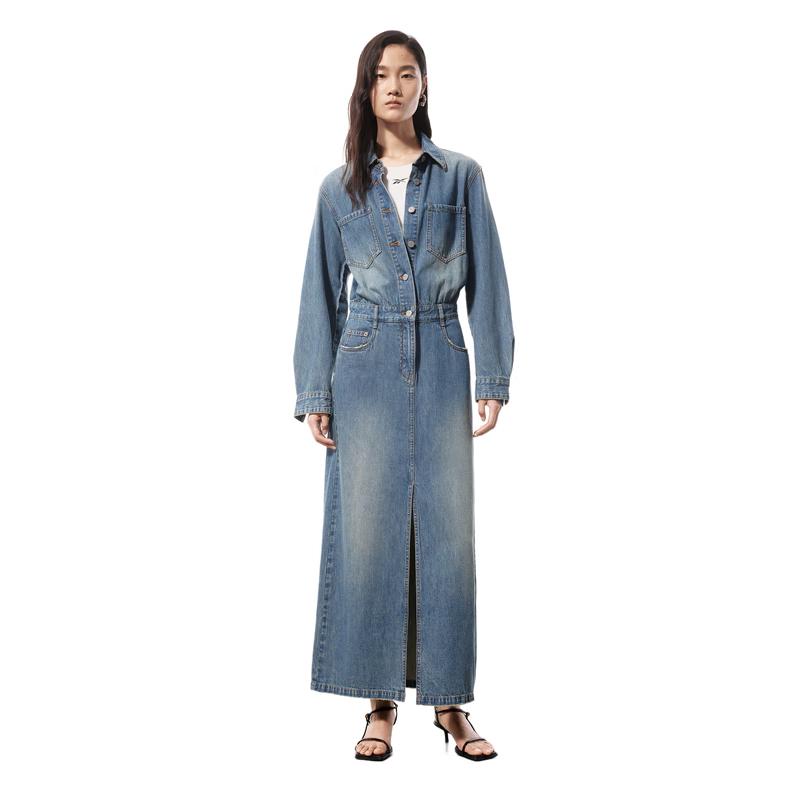 

MO&Co. 2024 Summer Lapel Slit Cotton Denim Long Dress S 160