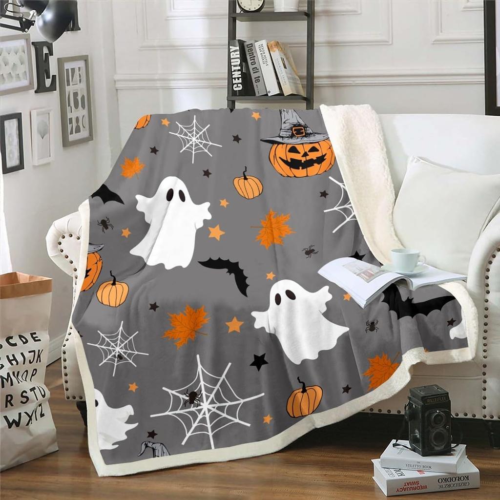 Halloween Ghost Blanket Soft Fleece Throw Pumpkin Spider Web Design Home Decor Party Gift Kids Room