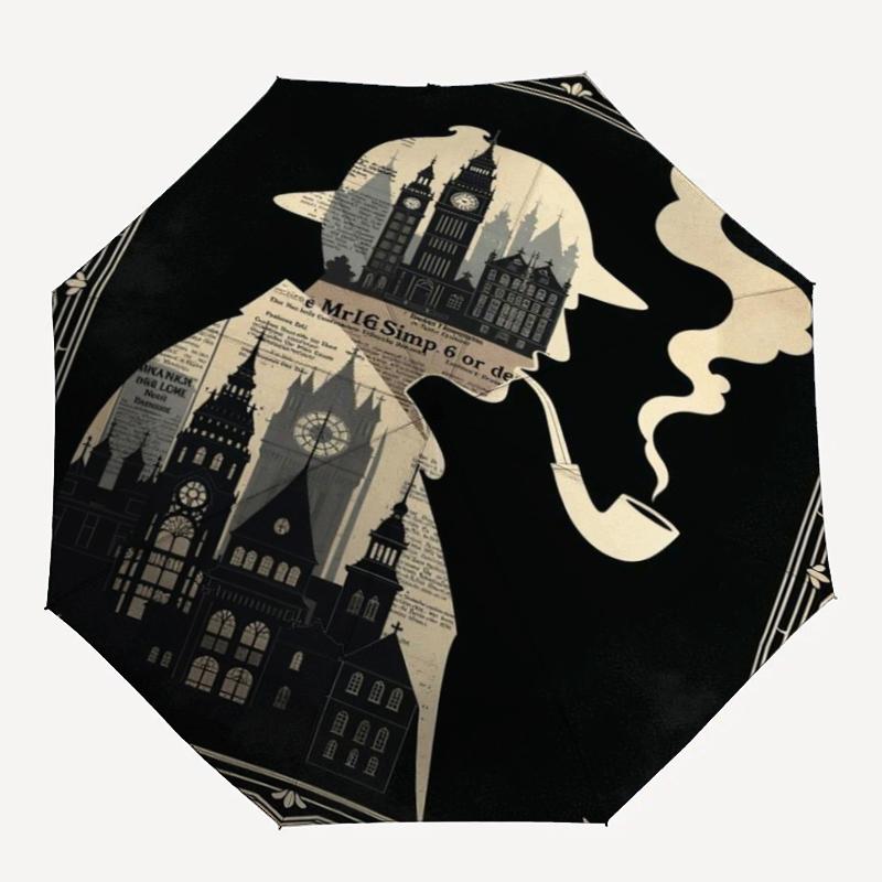Sherlock Holmes Thema Automatischer Regenschirm, Leicht & Tragbar, 8 Speichen, Perfekt für Reisen im Freien, Geburtstage, Weihnachten, Geschenke.