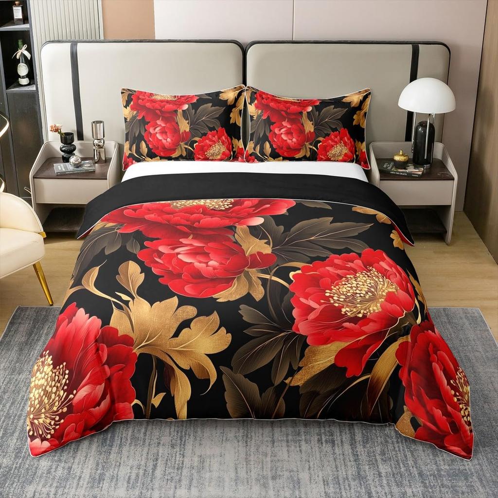 Blumiger Bettbezug Queen für Teenager ErwachseneRetro Blume Blätter BettdeckenbezugÖlgemälde BettwäschesetGarten Wildtiere Bettset