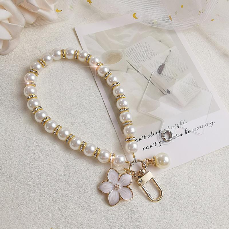 Cute Imitation Pearl Beads Chain Pendant Phone Keychain Bag Hangings Key Chain Mobile Phone Camera Wrist Strap Anti-Lost Pendant