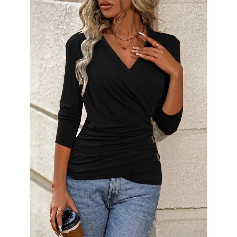 Women S V Neck Long Sleeve Pleated Waist Slim Fit T Shirt