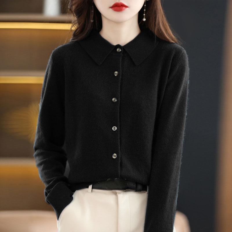Spring and Autumn Winter POLO Neck Woolen Knitted Shirt with Loose Long-Sleeved Sweater Cardigan Temperament Lapel Coat Bottoming
