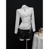 Women's Point Collar Long Sleeve Blouse Fitted Elegant Wrap Tie Side Casual Top