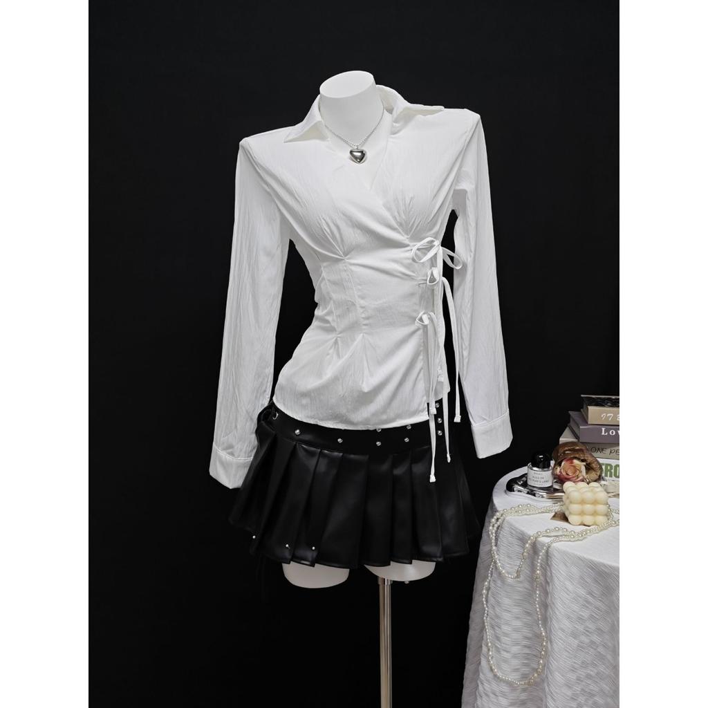 Women's Point Collar Long Sleeve Blouse Fitted Elegant Wrap Tie Side Casual Top