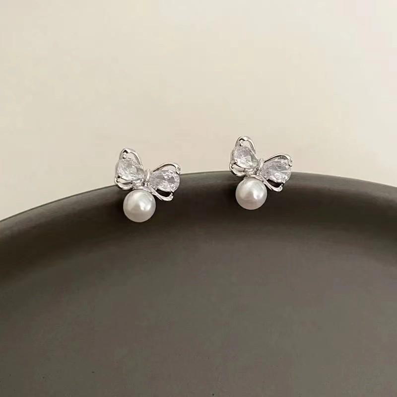 S925 Luxury Bow Zircon Earrings with Pearl Pendant for Women - 2025 Niche Design.