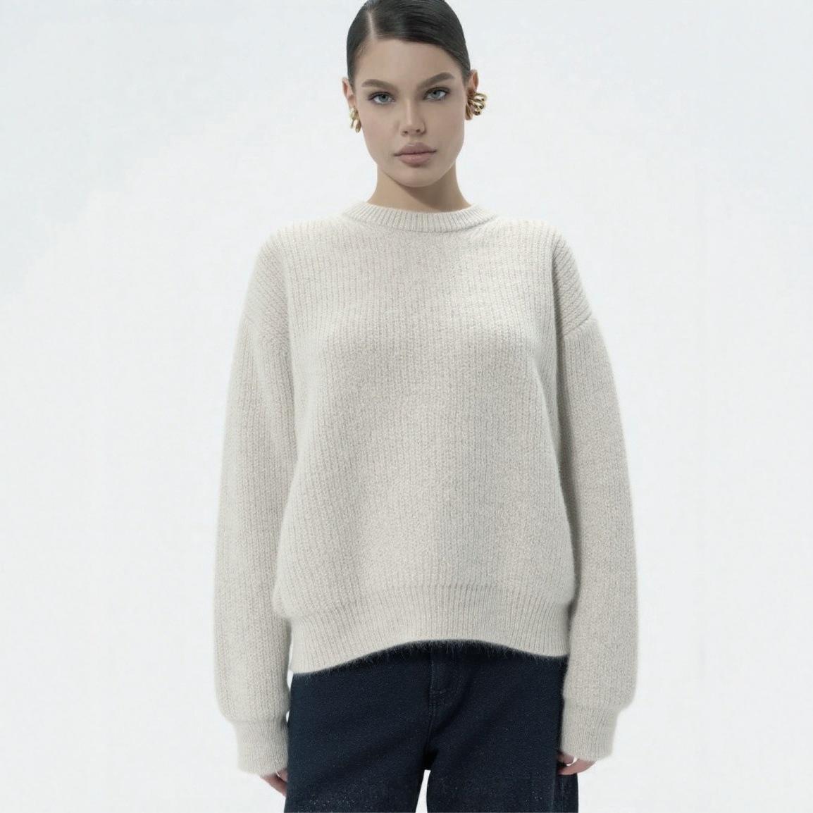 

Женский свитер из альпаки свободного кроя с круглым вырезом - Однотонный, Мягкая вязка, Стиль осень/зима Large грязно-белый