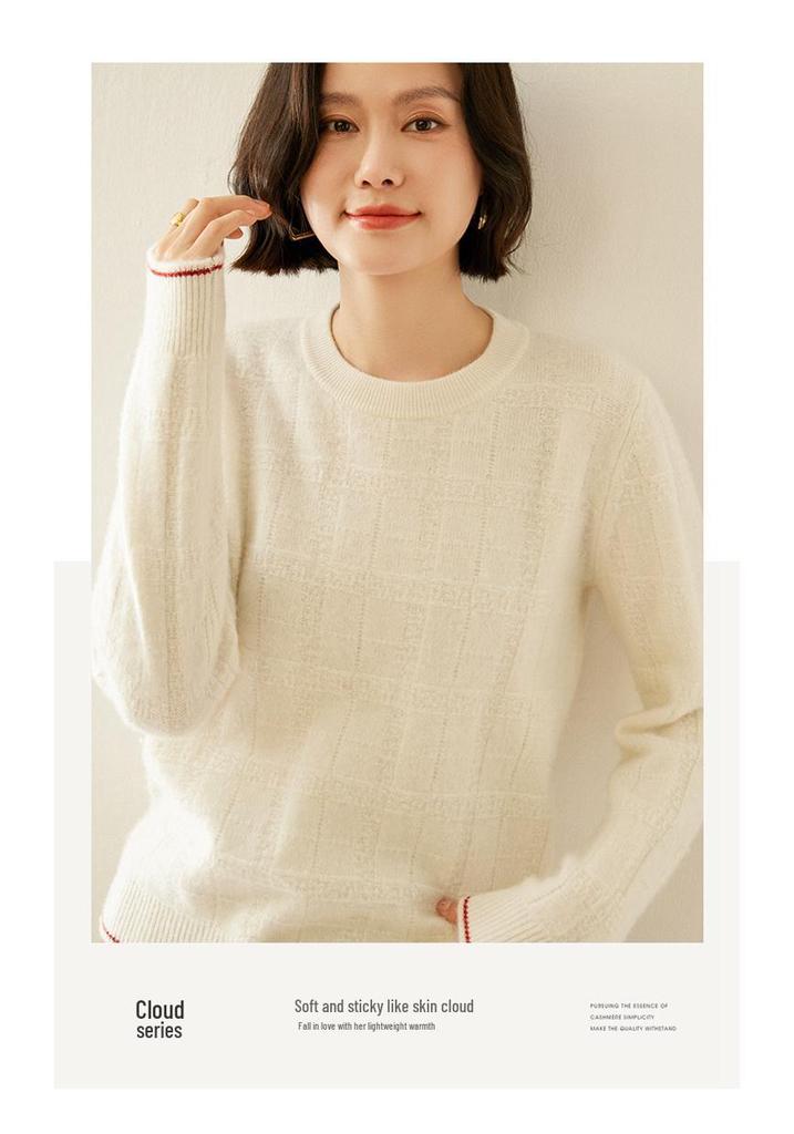 Women's Textured Cashmere Crew Neck Long-Sleeve Pullover Top for Autumn/Winter