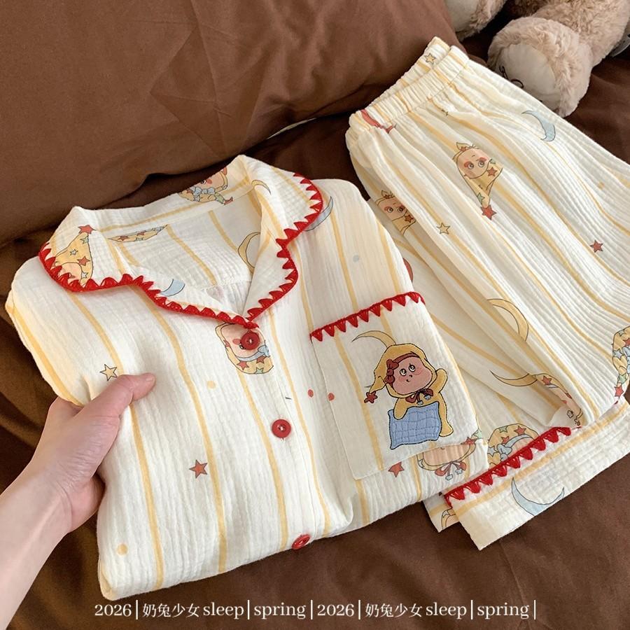 Striped cartoon star girl pajamas spring and autumn cardigan double long two-piece set student dormitory loungewear