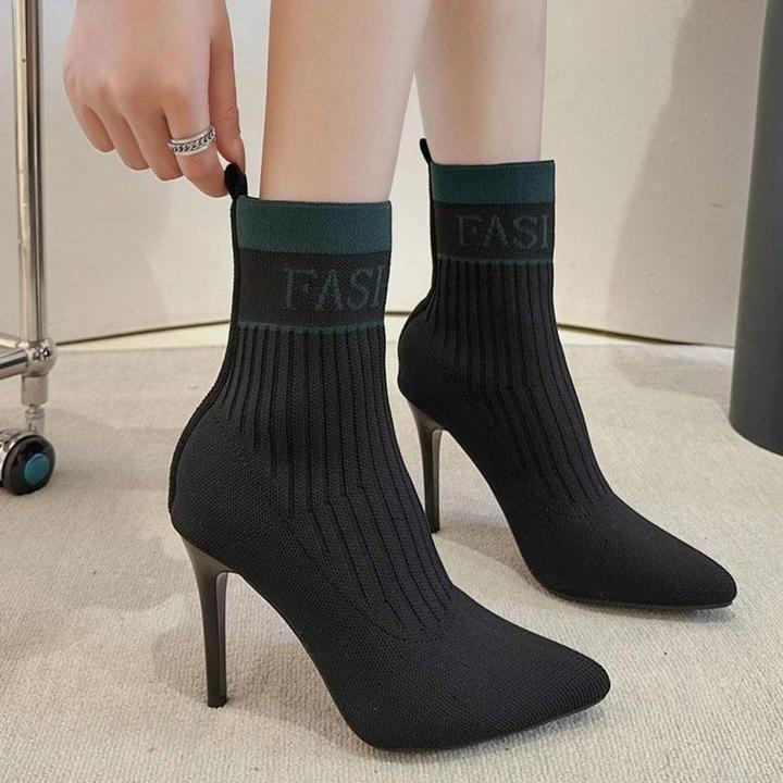 Women s Stretchy Knit Booties Pointed Toe Chunky Heel Ankle Boots for Petite,Slimming,Stylish 35