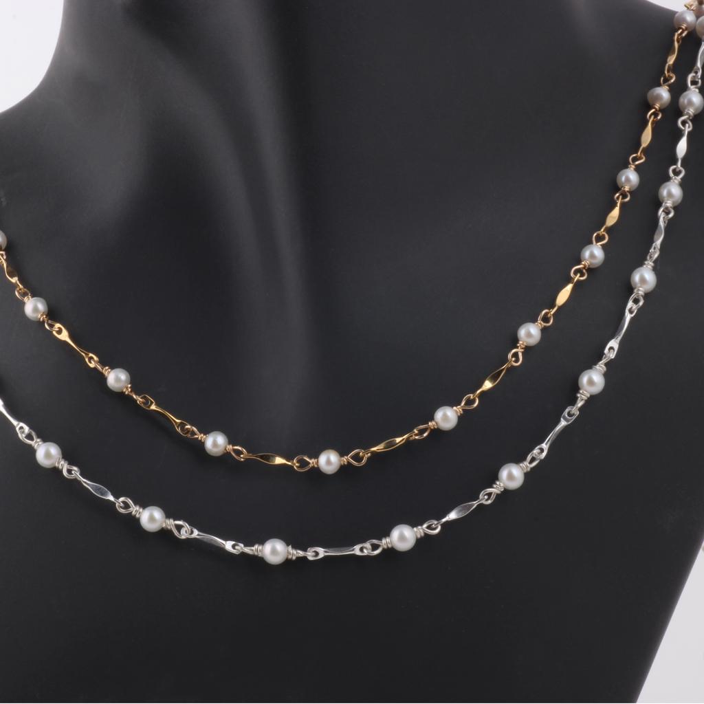 14K Gold Filled Dapped Bar Chain Beaded 3-3.5mm Fresh Water Pearls for DIY Permanent Handmade Necklace Bracelet Jewelry Making