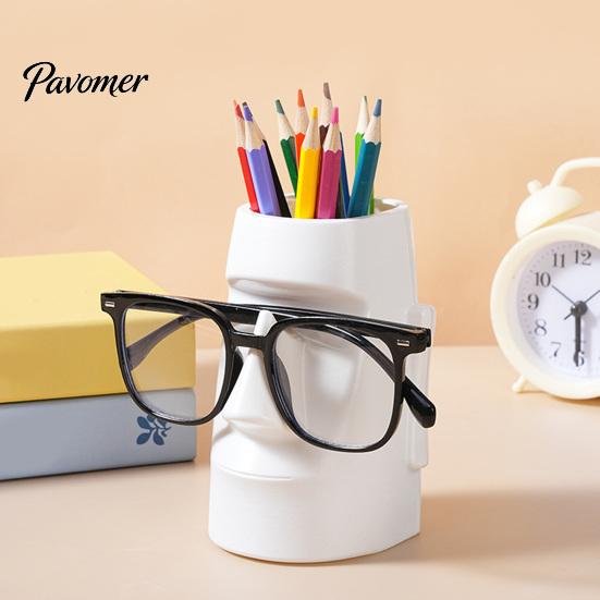 Stationery Storage Cup Resin Glass Stand Pen Holder, Moai Statue Pencil Container, Desktop Box Desk Organizer Eyeglass Display Rack for Home