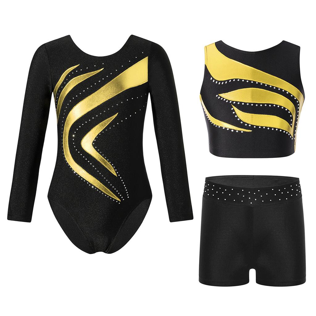 Dívčí gymnastický taneční set Dlouhý rukáv Metalický patchworkový trikot Crop top a Šortky s kamínkovým pasem