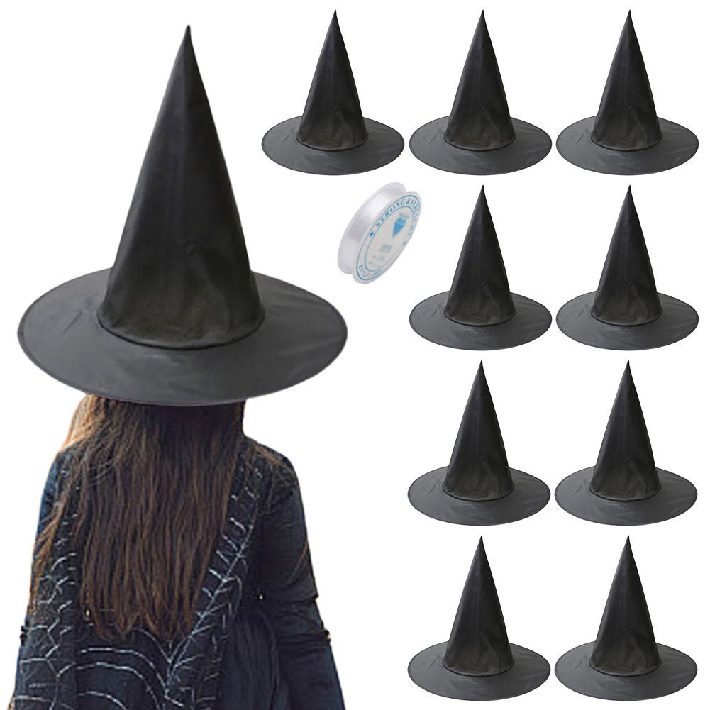 Halloween Black Witch Hat with Hanging Rope Wizard Cap Cosplay Costume Props Hanging Witch Hats Decor for Outdoor Garden Decor