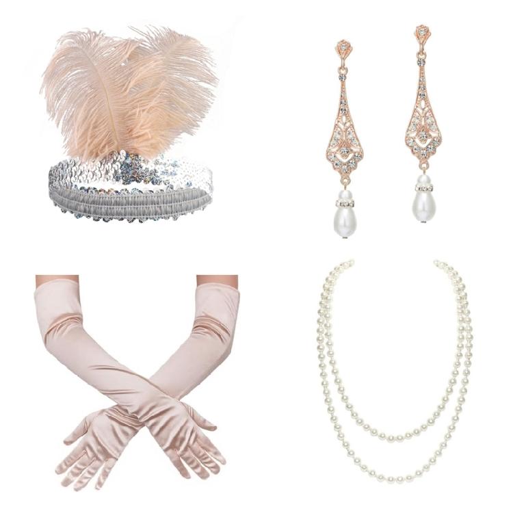 Girl Feather Headband Medieval Etiquettes Gloves with Earring&Pearl Necklace Set