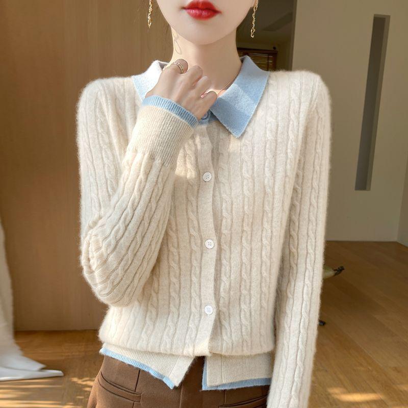 

Весенне-осенний женский кардиган свитер в стиле колор-блок, с воротником, свободный, из мягкого трикотажа S