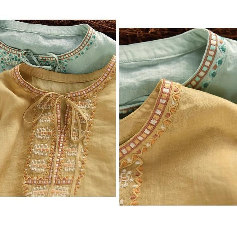 Women's New Spliced Pullover Round Neck Embroidered Retro Cotton Linen Shirt Three-quarter Sleeve Loose Top
