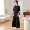 Summer Chinese-Style Short Sleeve Suit for Middle-Aged Women: Frog Button Top & Loose Wide-Leg Pants Set