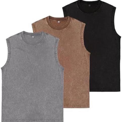 Men's Pure Cotton American Waxed Wash Tank Top Summer Retro Heavyweight Vest Crewneck T-Shirt 