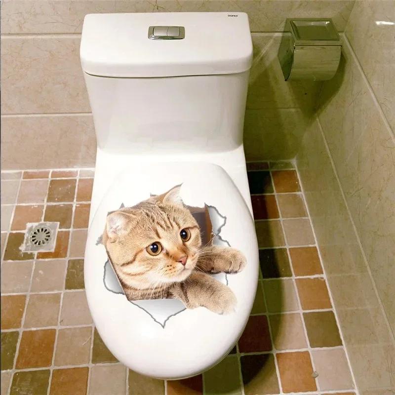 Lebendige 3D Loch Lustige Katze Hund Toilettenaufkleber DIY WC Waschraum Heimdekoration Niedliches Kätzchen Welpe Haustiere Wandkunst Aufkleber