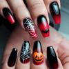 24Pcs Halloween Black Red Gradient Press On Nails Medium Square Fake Nails with Spider Web Bat Pumpkin Design False Nails Full Cover Horror Glue On