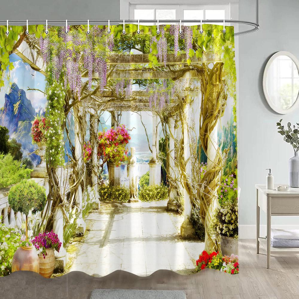 Italian Street View Shower Curtain Vintage Town Arch Floral Plant European Style Scenery Home Bathroom Curtains Decor with Hooks