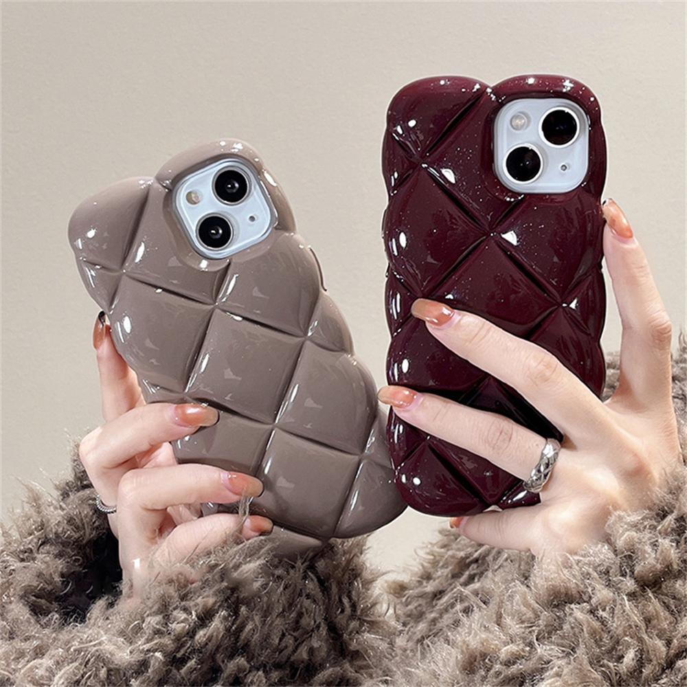 Korean Stylish 3d Diamond Lattice Plain Phone Case For Iphone 14 13 12 11 Pro Max Glossy Grid Shockproof Soft Back Cover Funda