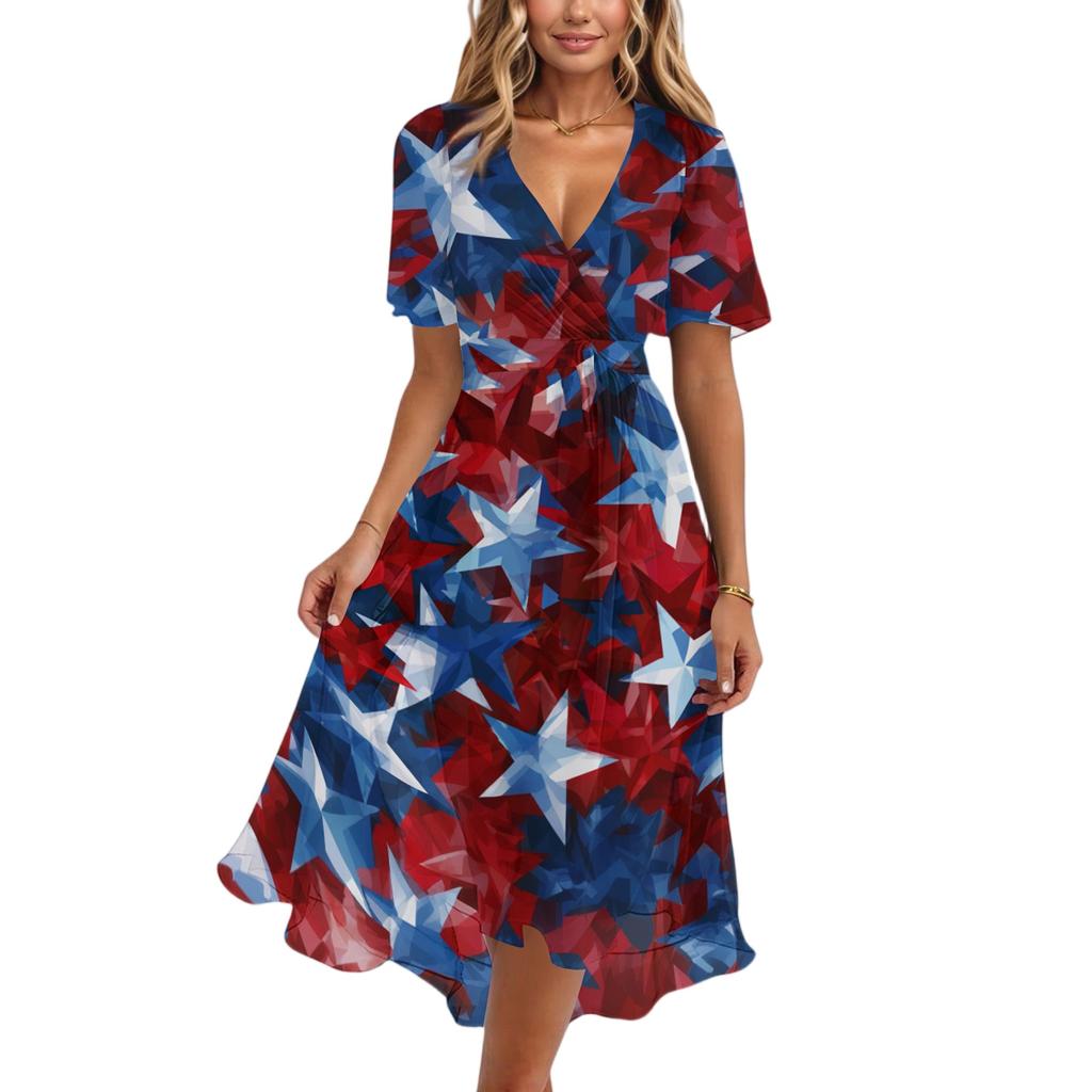 Women's Casual V-Neck Short-Sleeve Independence Day Print Dress