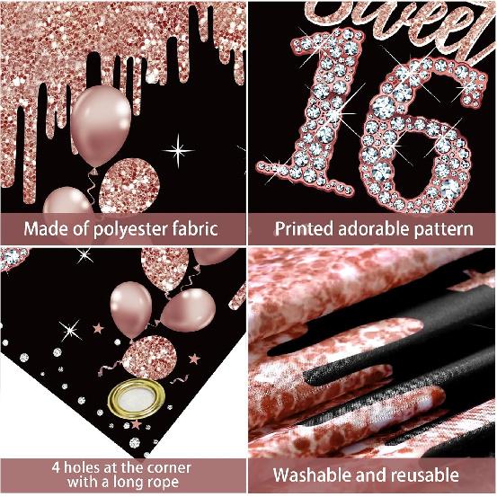 girl16Birthday Decoration Banner,Rose Gold Sweet 16 Birthday theme sign party supplies,16 Birthday background photo booth suitable for indoor and