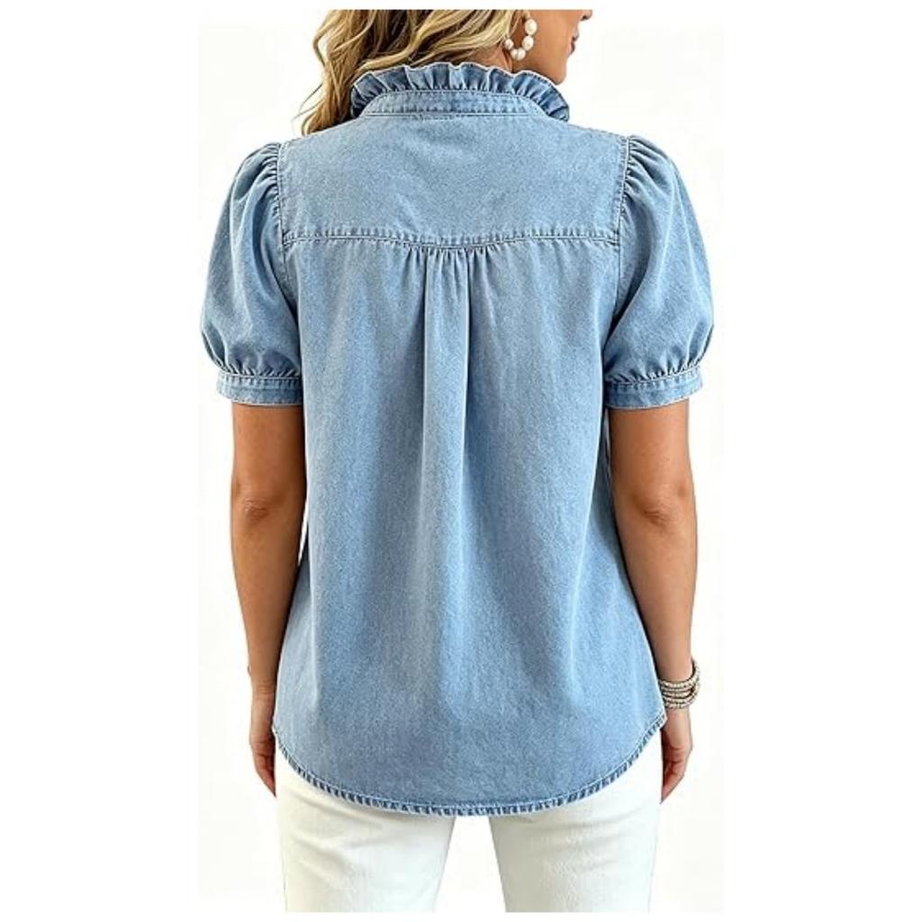 New Washed Denim Shirt for Women, Puff Short Sleeve Ruffled Button Down Ruched Denim Blouse Top