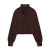 Womens Elegant Sheer Bow Collar Lantern Sleeve Blouse Classic Solid Color Office Wear