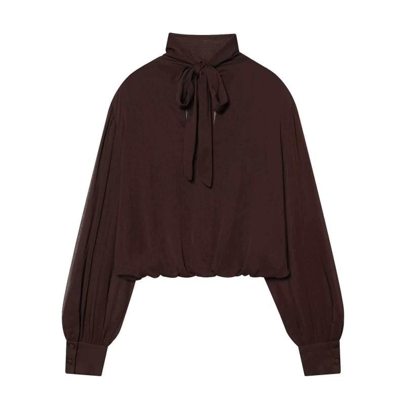 Womens Elegant Sheer Bow Collar Lantern Sleeve Blouse Classic Solid Color Office Wear