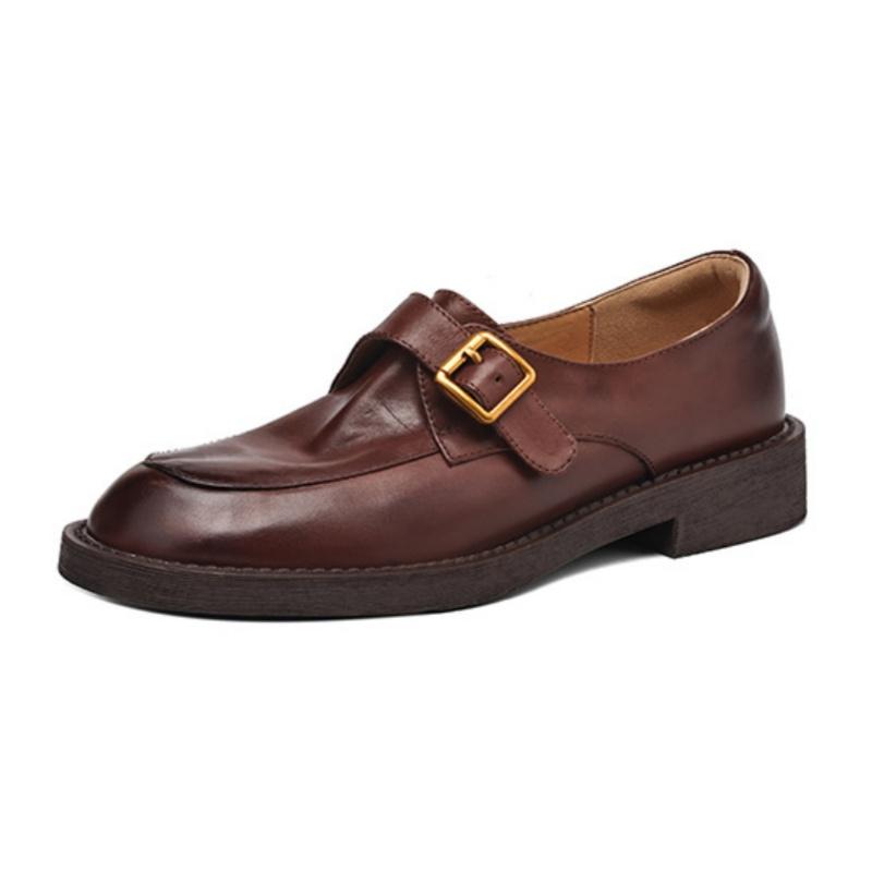Fashion Hot Sale Women's Cow Leather Metal Buckle Round Toe Slip On Flat Shoes High Quality Soft Comfortable Loafers Casual Daily Famale