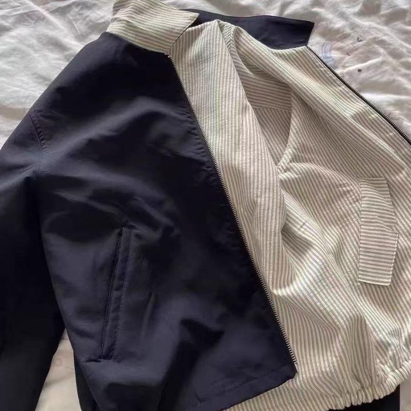 Retro Double-sided Striped Women Lapel Jacket Autumn New Loose Short Casual Long-sleeved Top