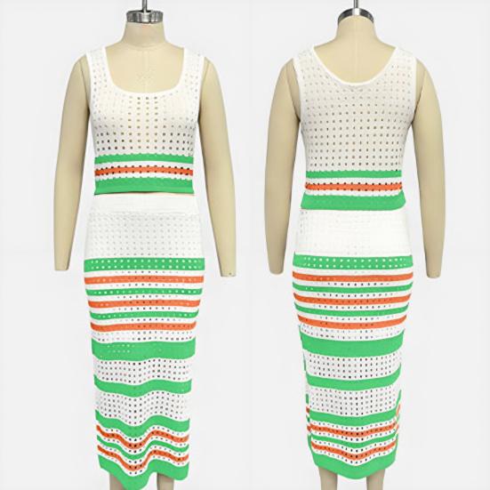 Two Piece Skirt Set for Women Striped Bodycon Slit Midi Skirt And Sleeveless Crop