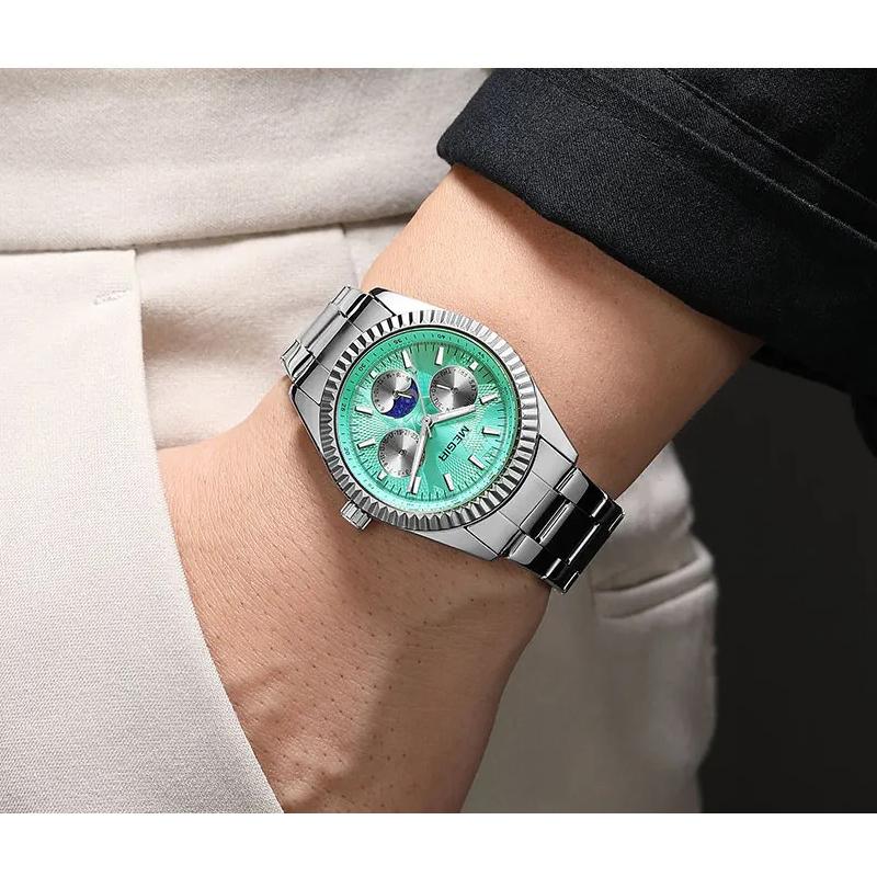 Men's Quartz Watches Stainless Steel Strap Couple Bracelets Wristwatch with Day Date 24-Hour Moon Phase Function Relogio Womens Watch