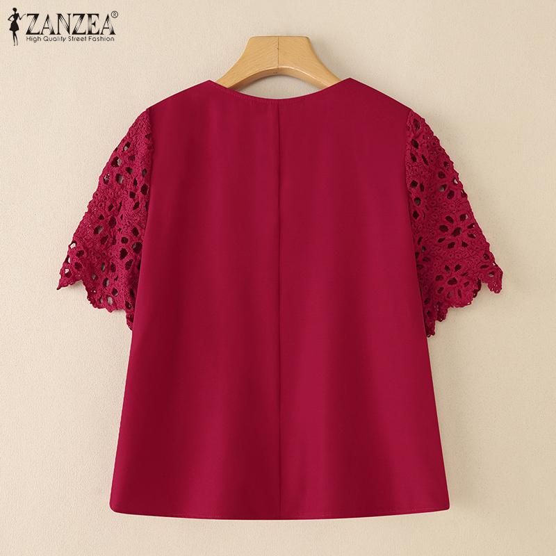 ZANZEA Women Summer V-Neck Lace Crochet Patchwork Casual Short Sleeve Blouse
