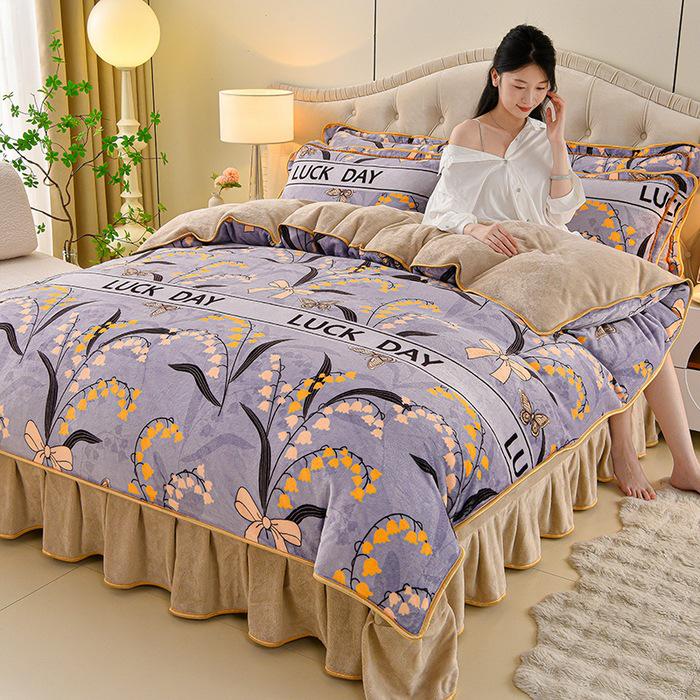 Cozy Flannel 230g Milk Velvet Printed Bed Set with Skirt - New Autumn/Winter Collection, Hot Seller