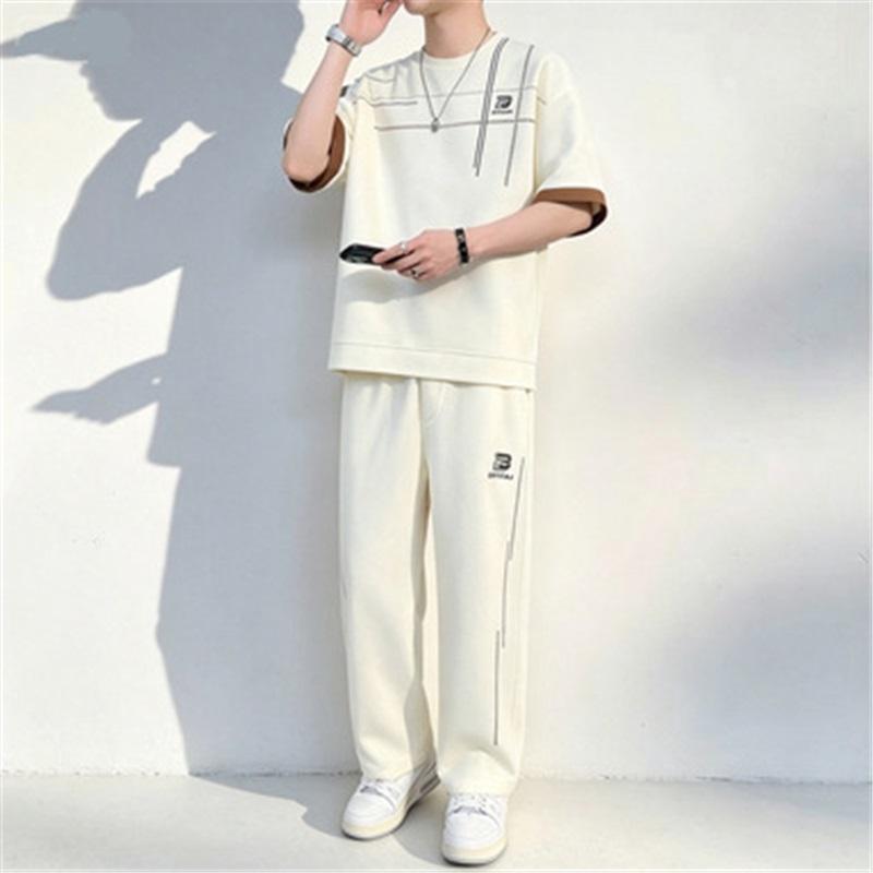 Men's 2-in-1 Summer Tracksuit Ice Silk Short Sleeve Tee Straight Pants Casual Streetwear Outfit