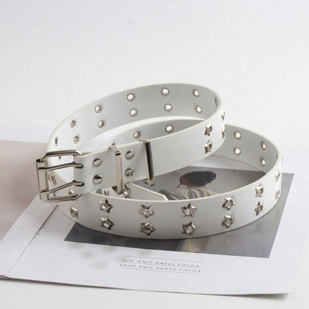 Étoiles Punk Jean Ceinture Double Boutonnage Mode Ceinture Décorative Ceinture Œillet Vapeur 110CM blanc