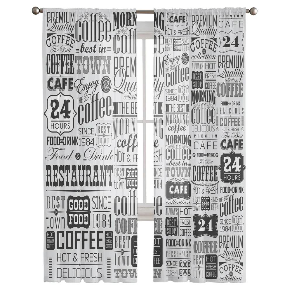 Vintage Text Coffee Tulle Curtains for Living Room Printed Sheer Voile Curtain Bedroom Window Screening Drapes Blinds Home Decor