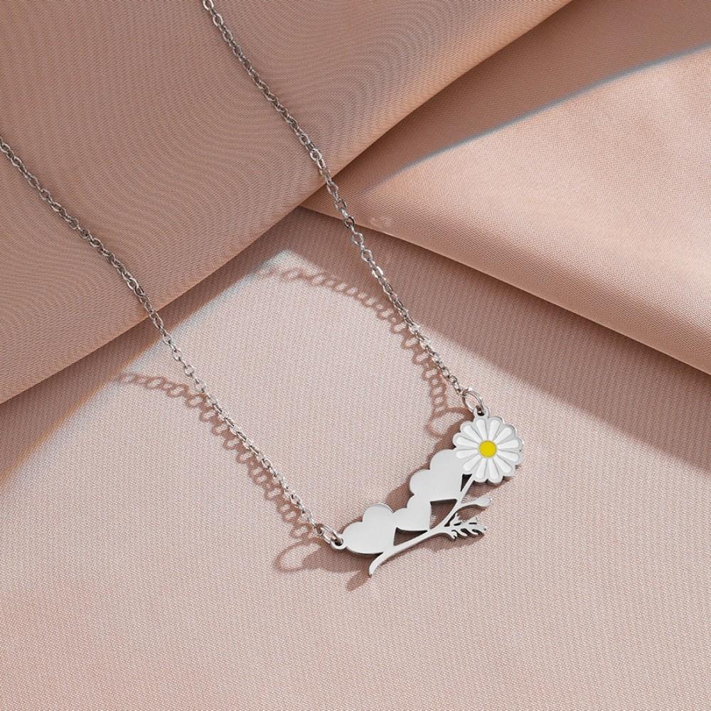 Heart to Heart Heart Daisy Pendant Necklace Stainless Steel Heart Flower Necklace  Lady серебряный