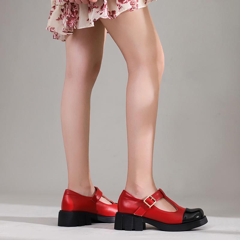 Women Patent PU Leather Two Tone Mary Jane Shoes T Strap Chunky Heels Goth Pumps Kawaii Girls Platform Ladies