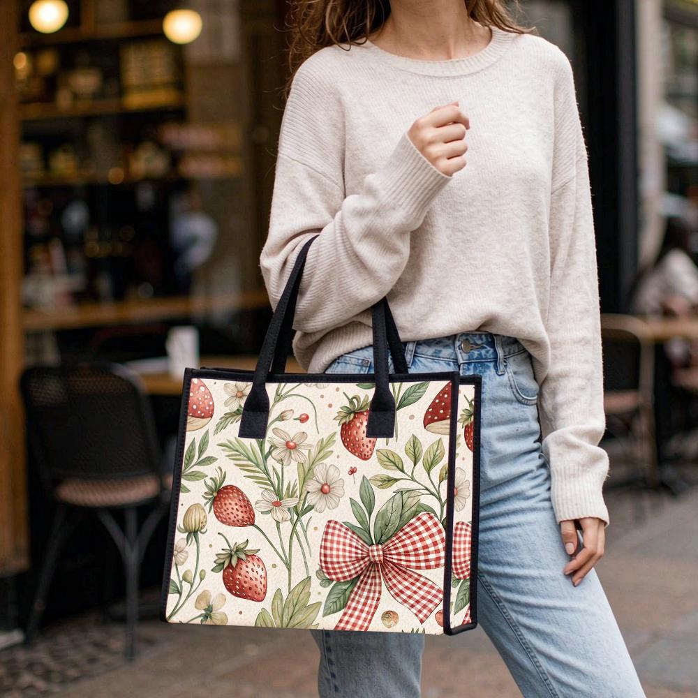 Cute Strawberry Floral Bow Women's Daily Casual Portable Lightweight Stylish Tote Bag