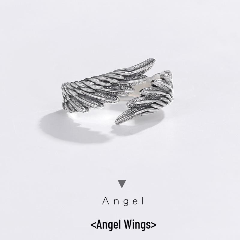 Vintage Oxidized Thai Silver Angel Wings Ring – Creative Feather Design for Men & Women