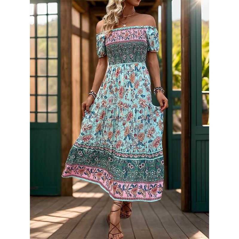 Women's Summer Vintage Ethnic Vacation Off-the-Shoulder Print Dress